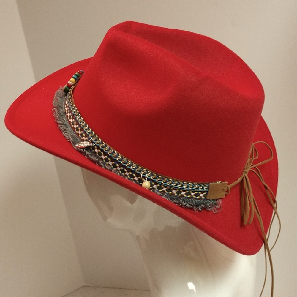 RESERVED Southern Red Cowboy Hat Turquoise Tassels Pendants Fringe Accent Boho - Picture 10 of 17